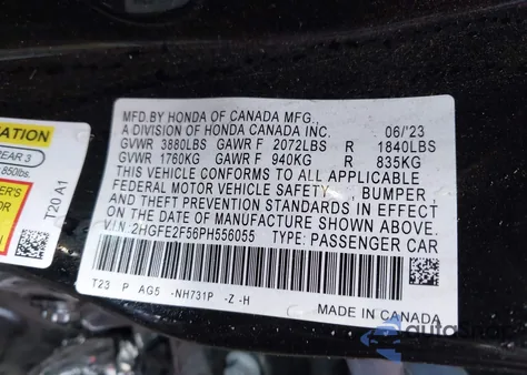 2023 Honda Civic Sport из США, поврежденный, VIN 2HGFE2F56PH556055